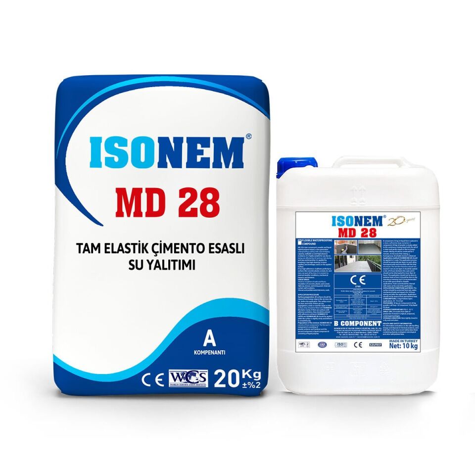 İSONEM MD 28 Tam Elastik Çimento Esaslı Su Yalıtımı 20 kg toz 10 lt sıvı 30 KG